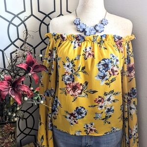 💛Wishful Floral Strapless Bell Sleeve Yellow Top💛